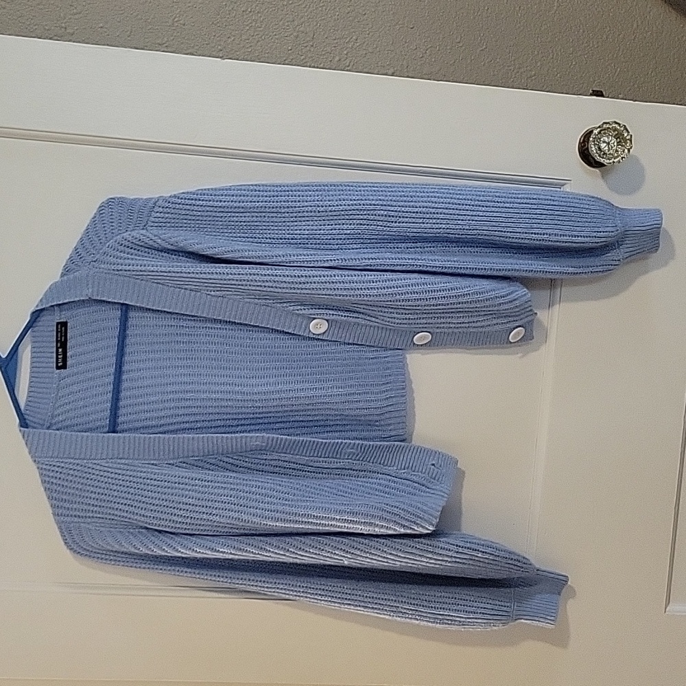 SHEIN Blue Knit Cropped Casual Cardigan, Large